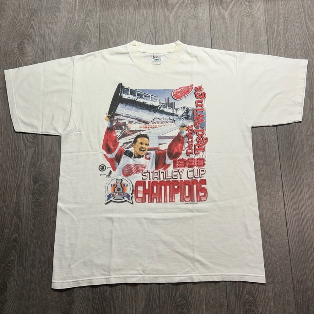Vintage 1998 Detroit Red Wings Stanley Cup Champions T-Shirt Mens XL White NHL